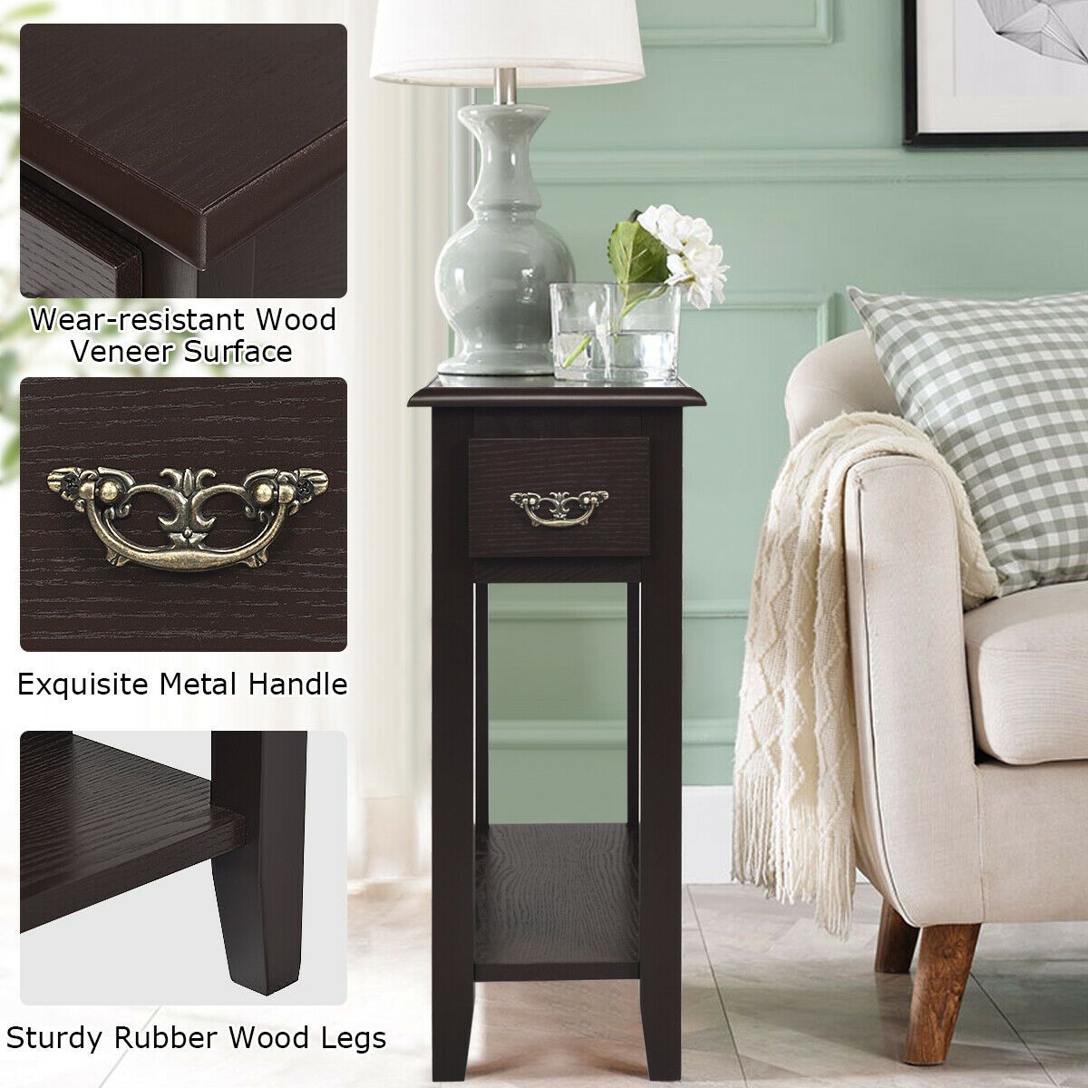 2-Tier Bedside Table with Drawer and Storage Shelf